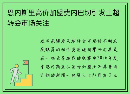 恩内斯里高价加盟费内巴切引发土超转会市场关注